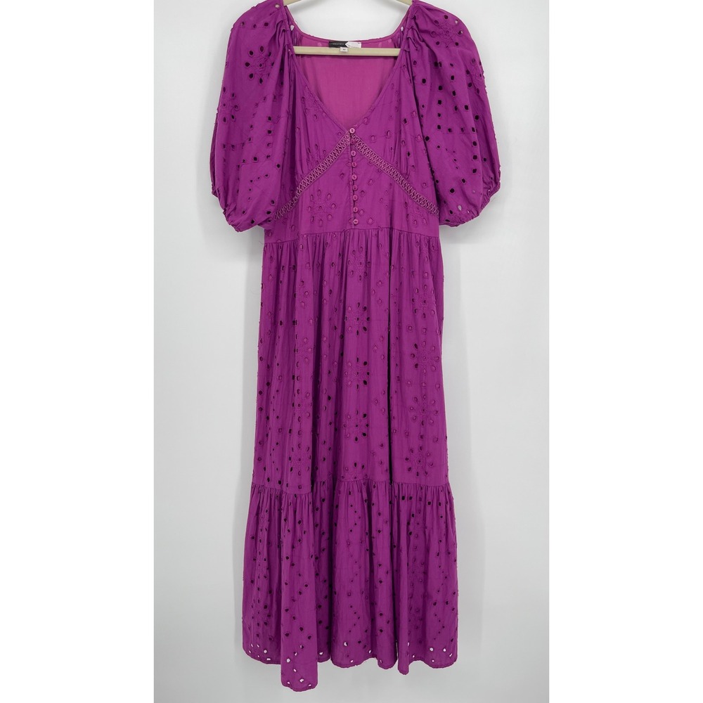 Piper & Scoot Exclusive Magenta Purple Eyelet Cotton Maxi Dress Puff Sleeves M